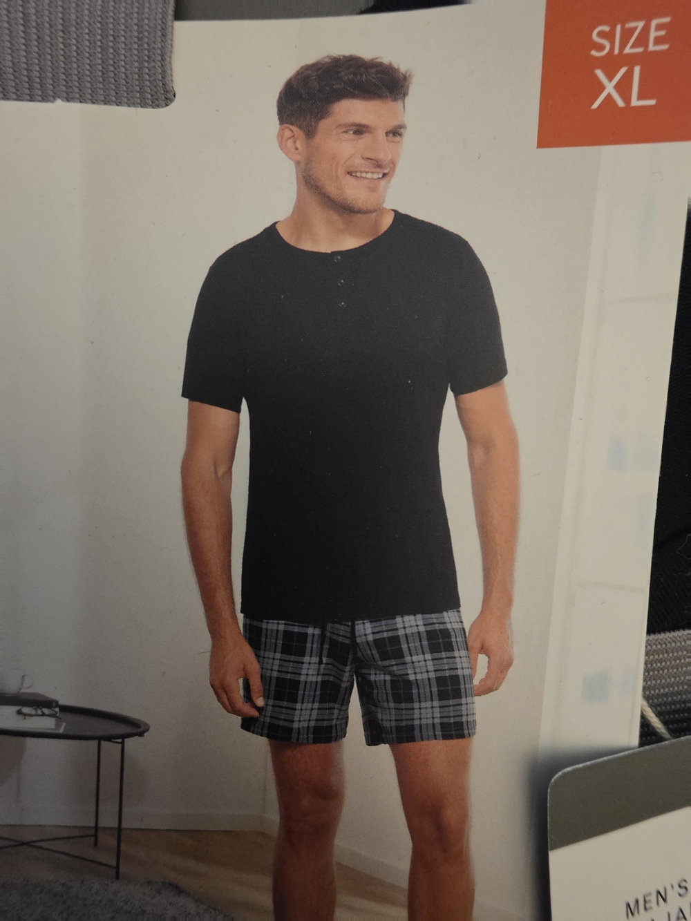 Men's Black Henley Sleep Top with Gray Plaid Boxer Shorts
